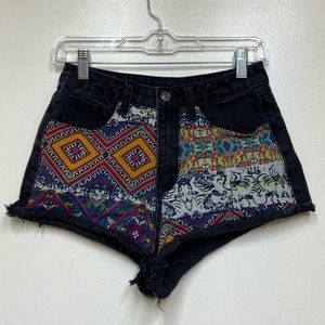 Shein Black High Rise Denim Cutoff Shorts Aztec Tribal Pattern on Front Size XS